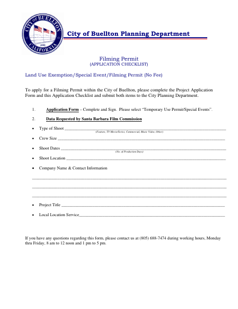 First page of the Filming Permit Application Checklist