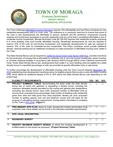First page of the Density Bonus Supplemental Application