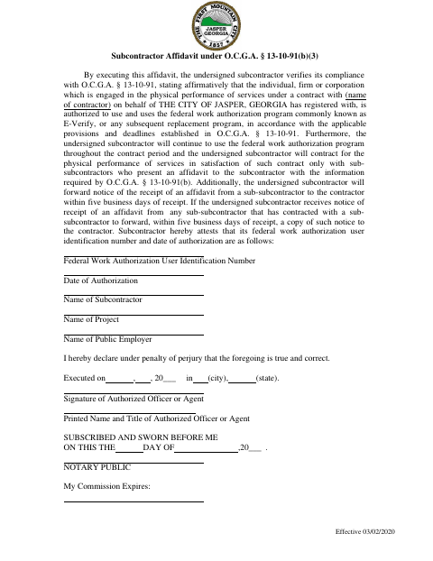 First page of the Subcontractor E-Verify Affidavit