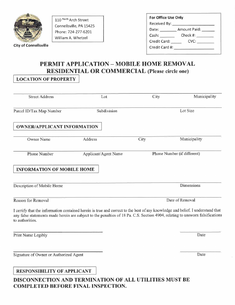 First page of the Mobile Home Removal Permit Application