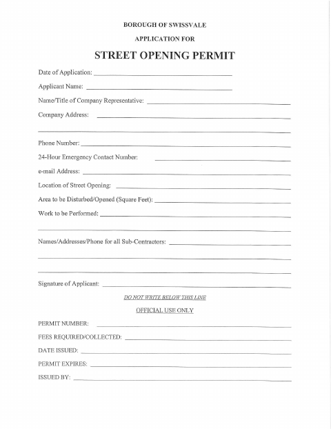 First page of the Street Opening Permit Application