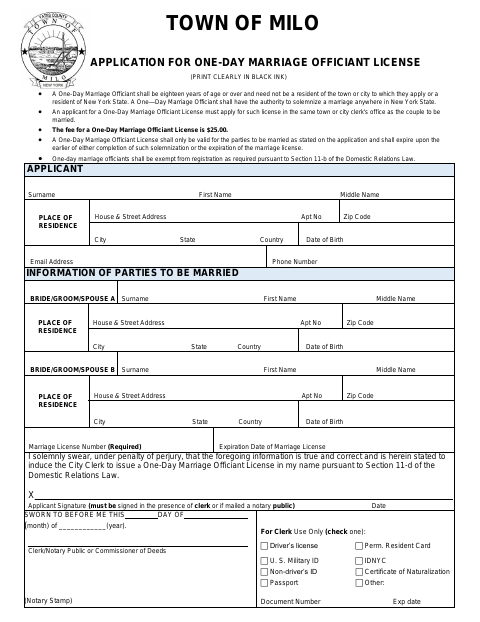 First page of the One-Day Marriage Officiant License Application