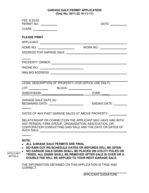 First page of the Garage Sale Permit Application