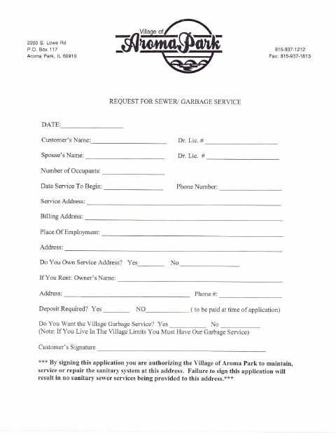 First page of the Request for Sewer/Garbage Service