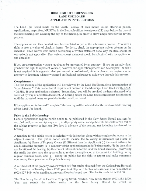 First page of the Land Use Board Application