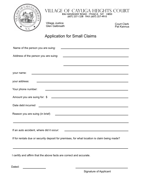 First page of the Application for Small Claims