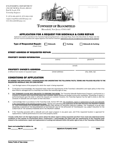 First page of the Request for Sidewalk and Curb Repair Application