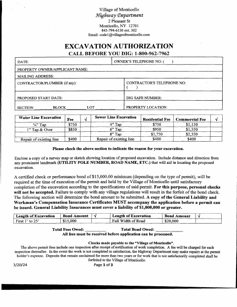 First page of the Excavation Authorization