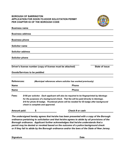 First page of the Application for Door-to-Door Solicitation Permit