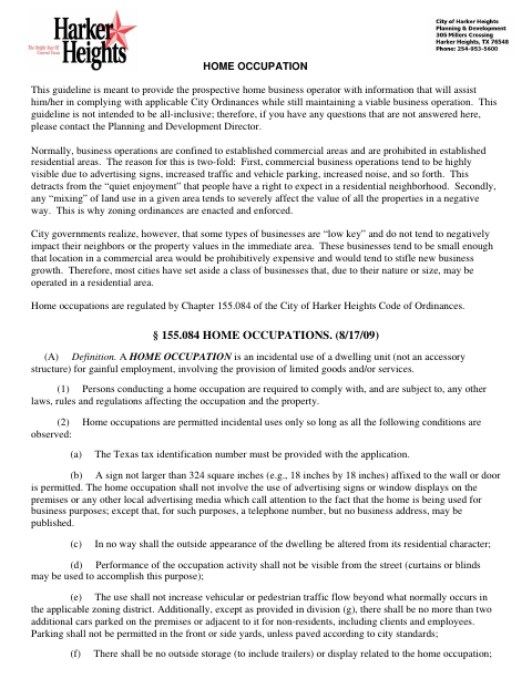 First page of the Home Occupation Application and Business Registration Form