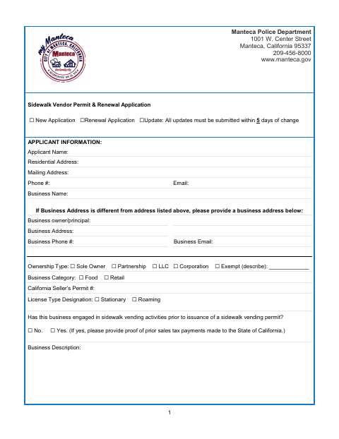 First page of the Sidewalk Vendor Permit & Renewal Application