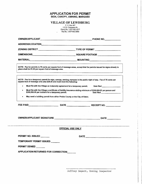First page of the Sign, Canopy, Awning, and Marquee Permit Application