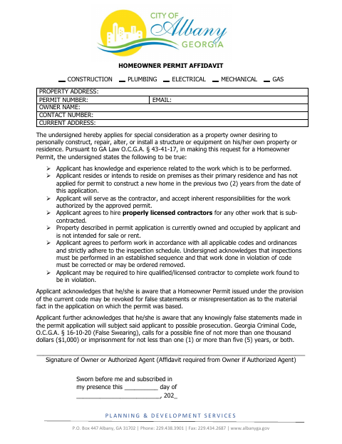 First page of the Homeowner Permit Affidavit