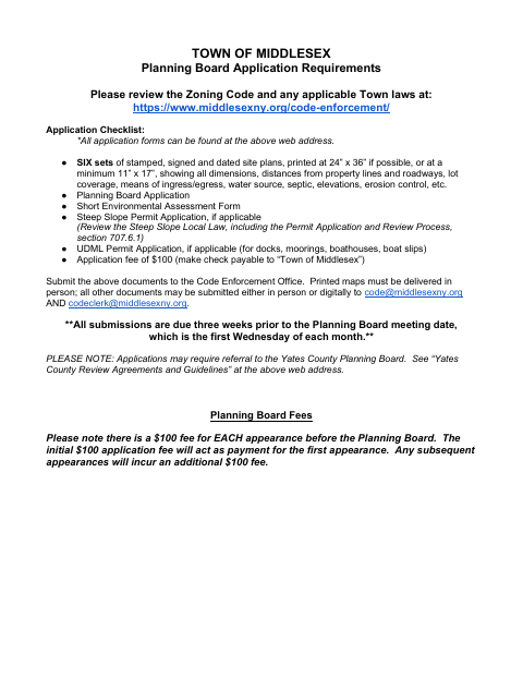 First page of the Planning Board Application