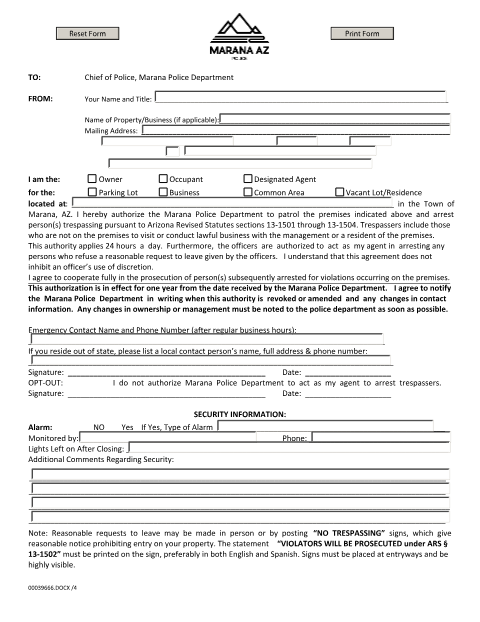 First page of the Trespassing Agreement