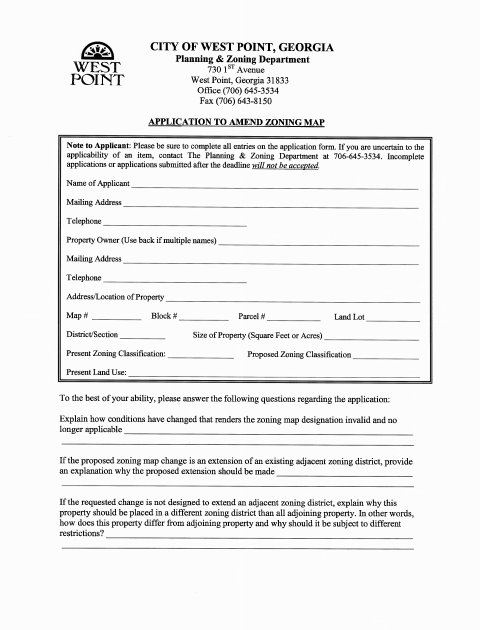 First page of the Application to Amend Zoning Map