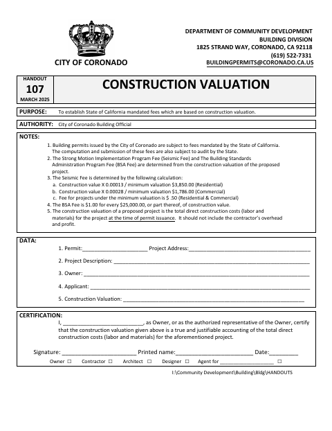 First page of the Construction Valuation Declaration