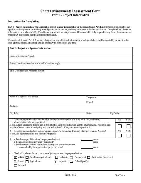 First page of the Short Environmental Assessment Form Part 1 - Project Information