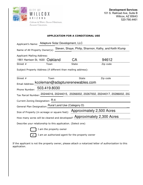First page of the Application for a Conditional Use