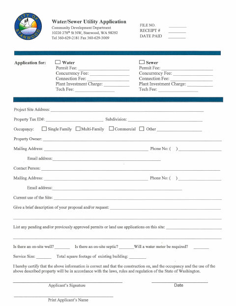 First page of the Water/Sewer Utility Application