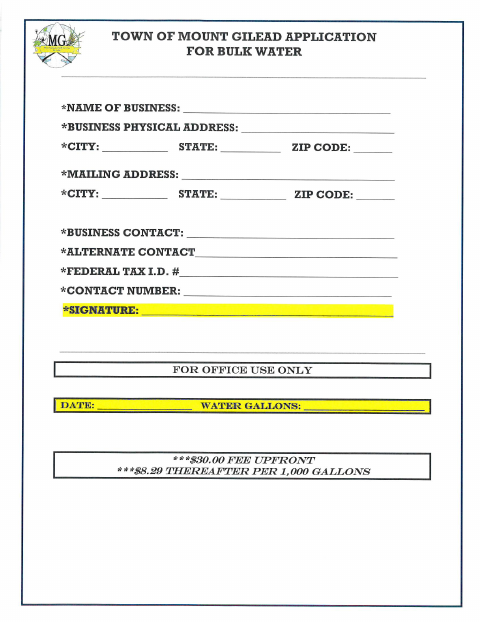 First page of the Bulk Water Application