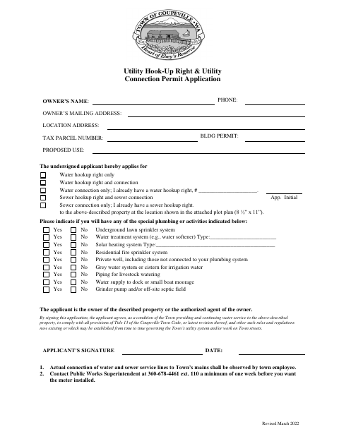 First page of the Utility Hook-Up Right & Utility Connection Permit Application