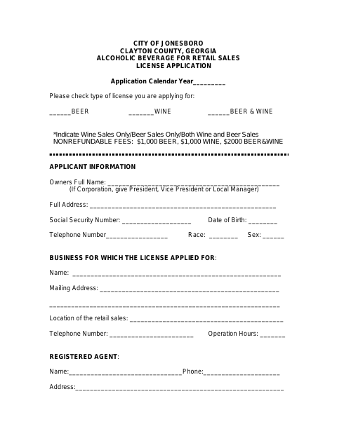 First page of the Alcoholic Beverage for Retail Sales License Application