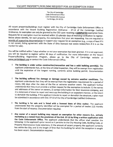First page of the Vacant Property/Building Request for an Exemption
