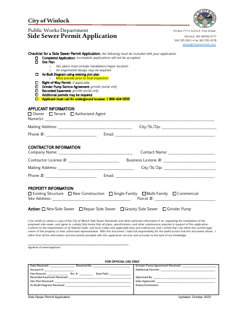 First page of the Side Sewer Permit Application