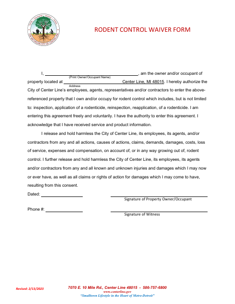 First page of the Rodent Control Waiver Form