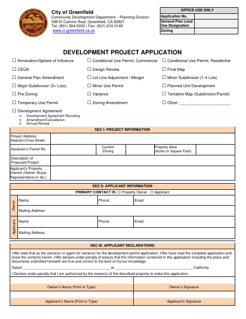First page of the Development Project Application