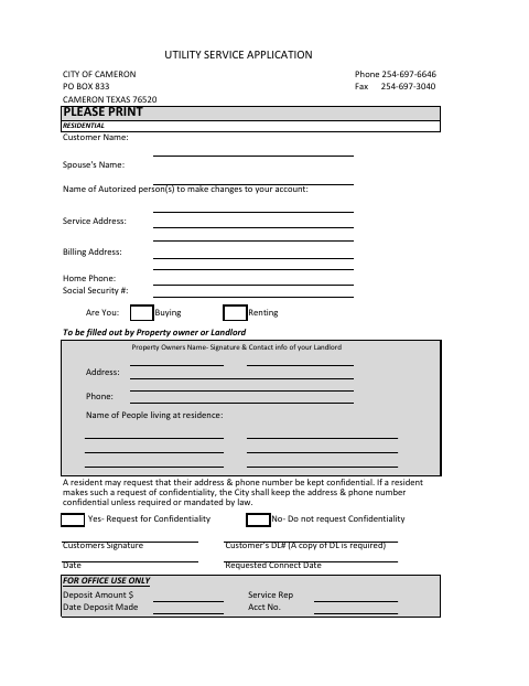 First page of the Utility Service Application