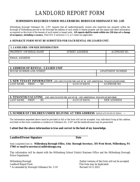 First page of the Landlord Report Form