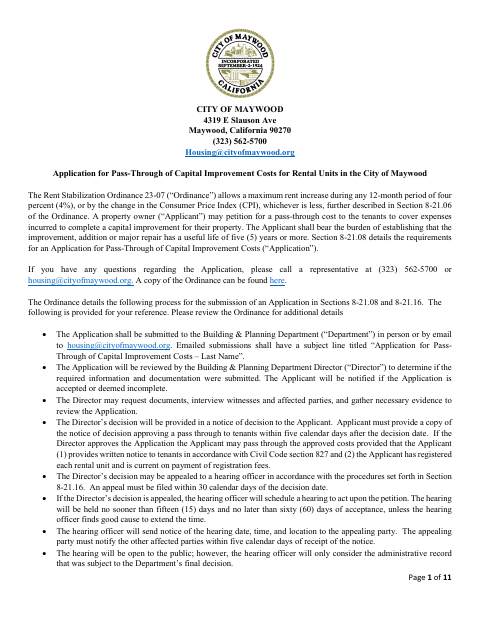 First page of the Application for Pass-Through of Capital Improvement Costs for Rental Units