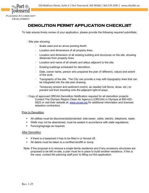 First page of the Demolition Permit Application Checklist