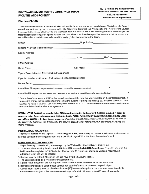 First page of the Winterville Depot Rental Agreement