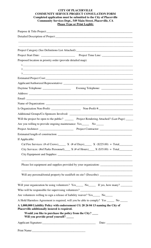 First page of the Community Service Project Consultation Form