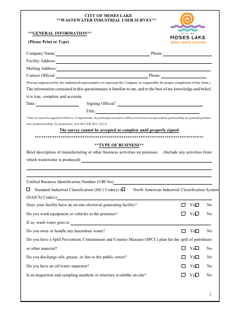 First page of the Wastewater Industrial User Survey