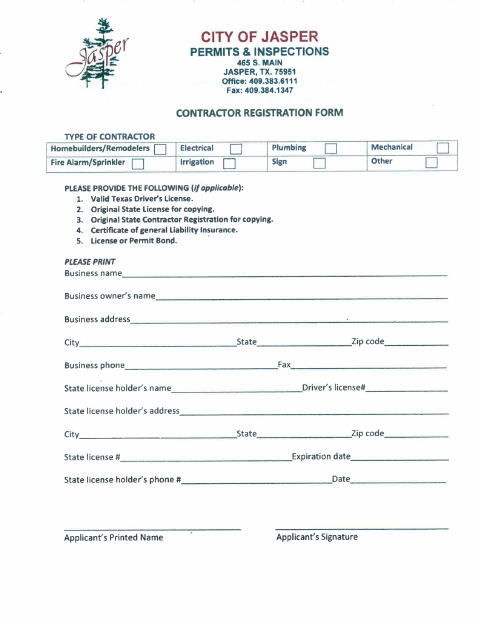 First page of the Contractor Registration Form