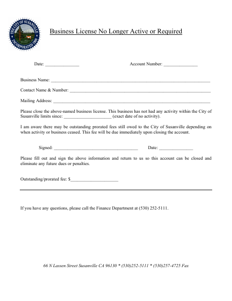 First page of the Business License Cancellation/Closure Form