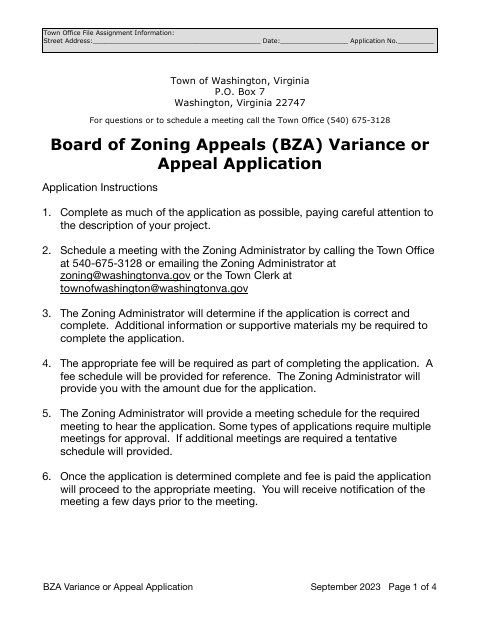First page of the BZA Variance or Appeal Application