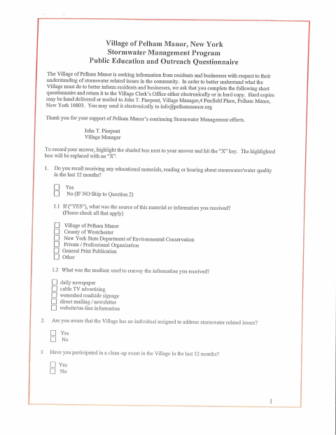 First page of the Stormwater Management Questionnaire