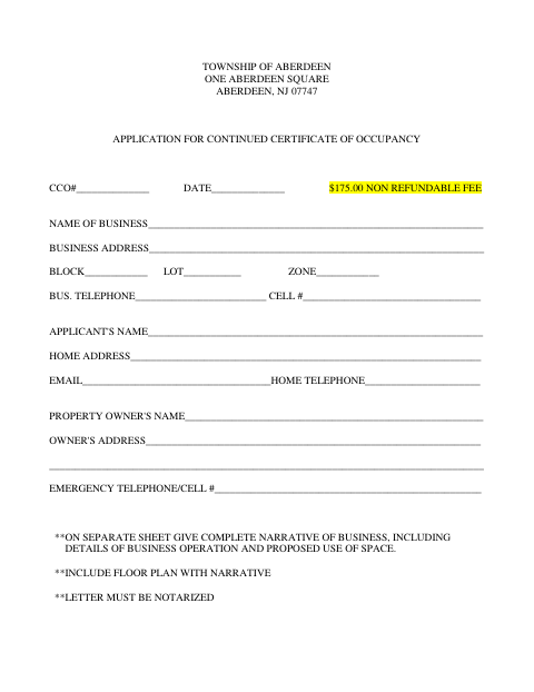 First page of the Application for Continued Certificate of Occupancy