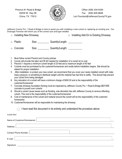 First page of the Culvert Install Form