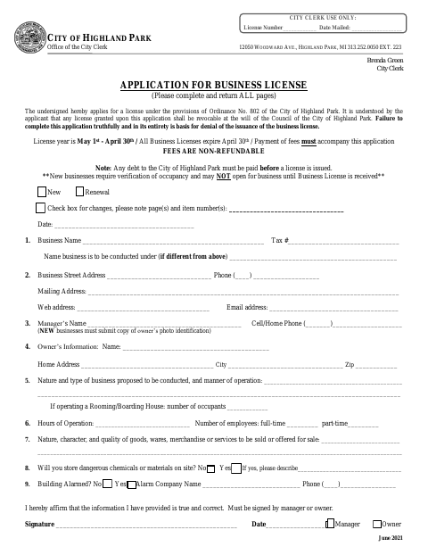 First page of the Application for Business License