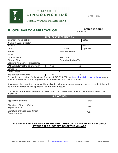 First page of the Block Party Application