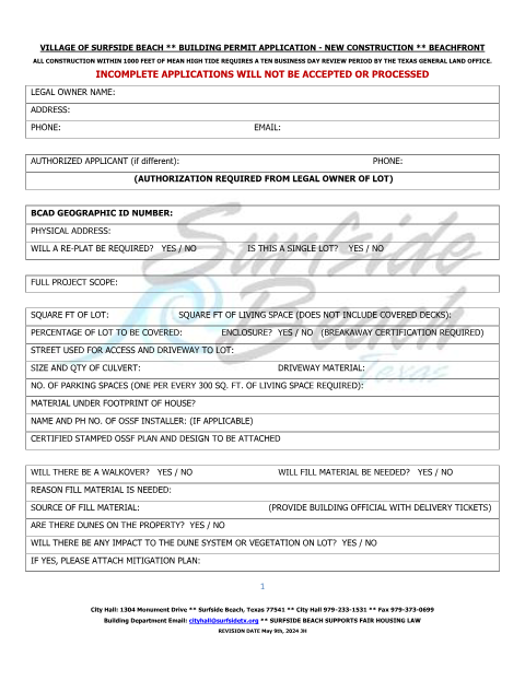 First page of the Beachfront Building Permit Application – New Construction