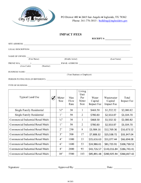 First page of the Impact Fees Application