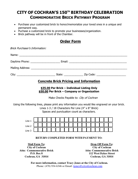 First page of the 150th Birthday Celebration Commemorative Brick Pathway Program Order Form