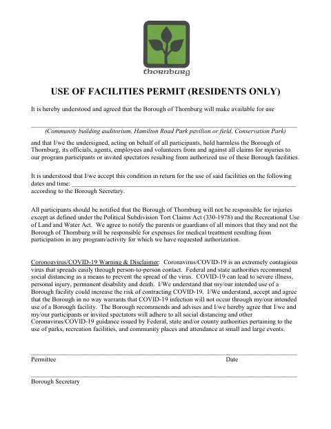 First page of the Use of Facilities Permit (Residents Only)